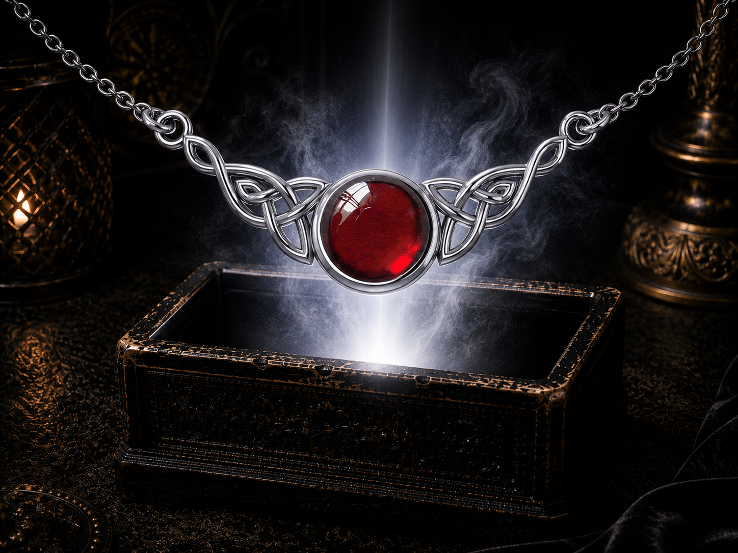 Garnet Celtic knot sterling silver necklace surrounded by soft glowing light in an elegant dark jewelry setting
