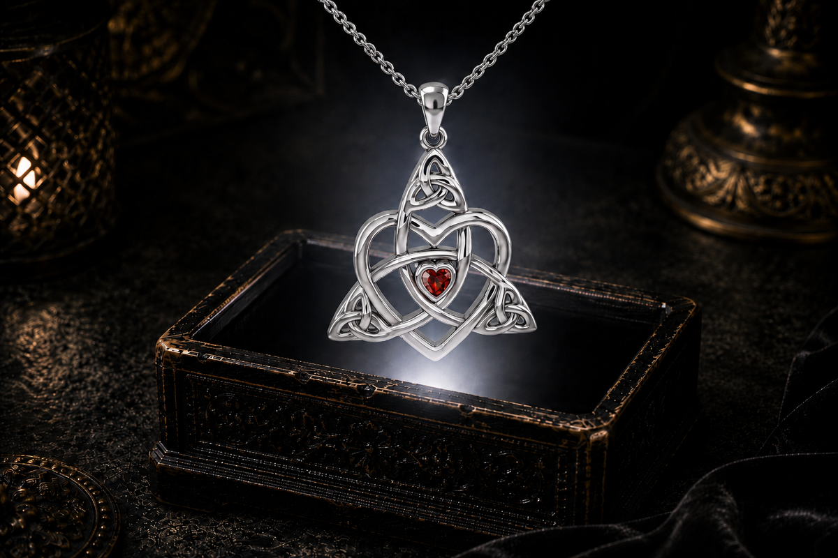 Garnet Celtic Trinity heart pendant on a sterling silver cable chain suspended above an antique jewelry box against a dark luxury backdrop