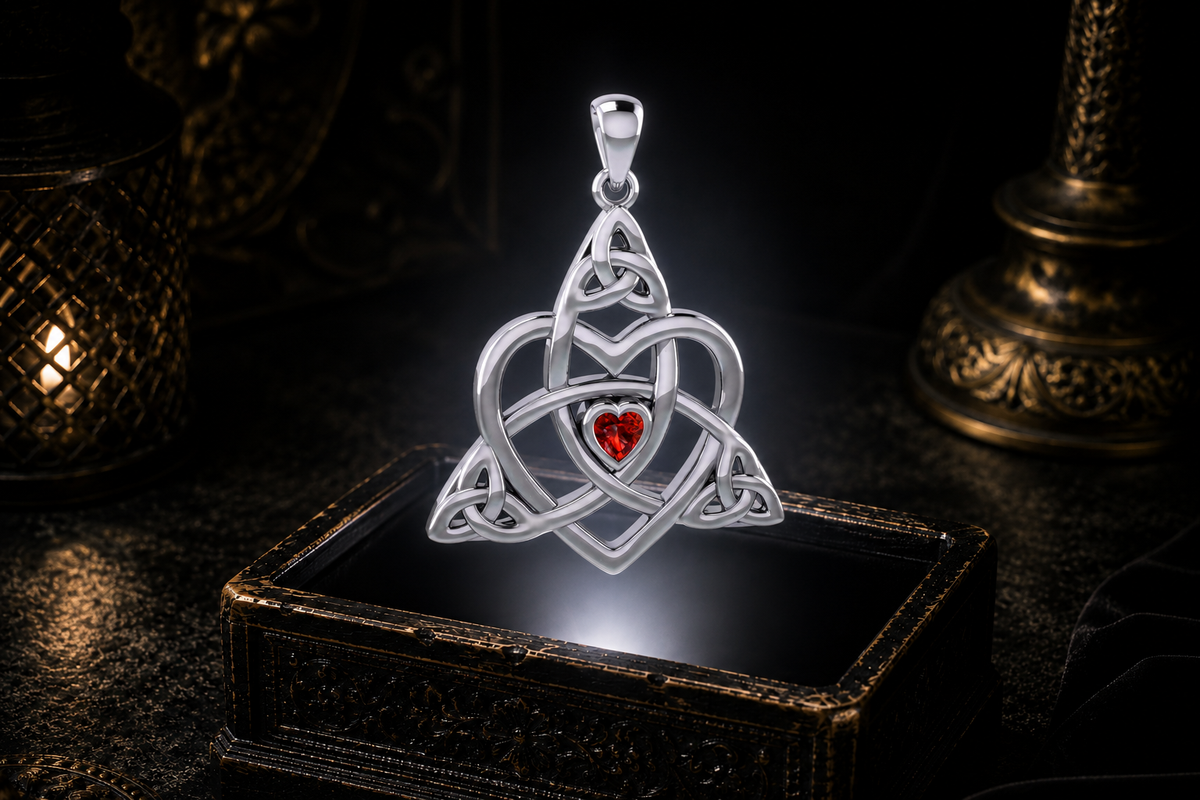 Sterling silver Celtic Trinity heart pendant with a heart-shaped garnet hovering above an ornate antique jewelry box in a neutral white beam of light