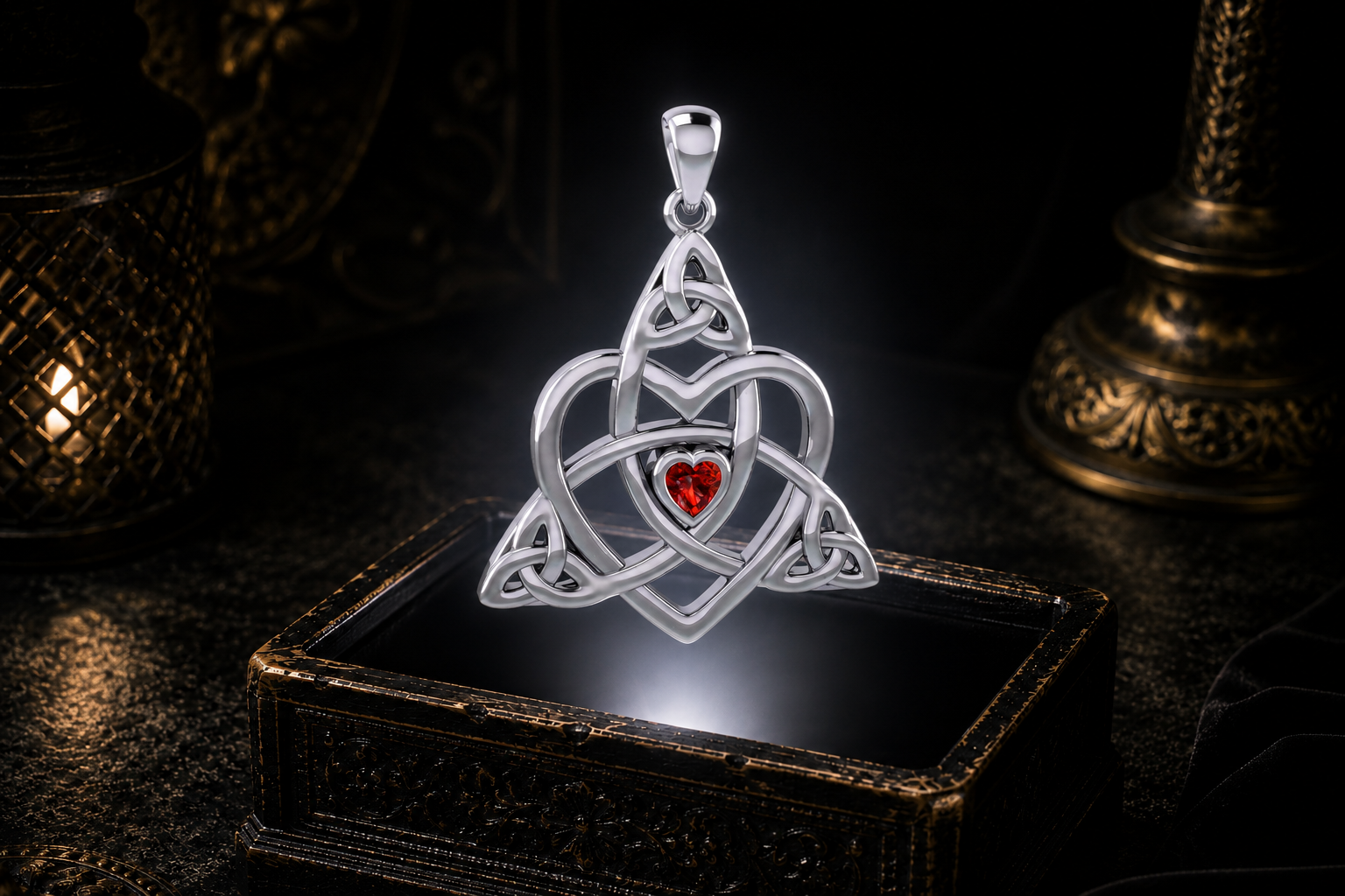 Sterling silver Celtic Trinity heart pendant with a heart-shaped garnet hovering above an ornate antique jewelry box in a neutral white beam of light