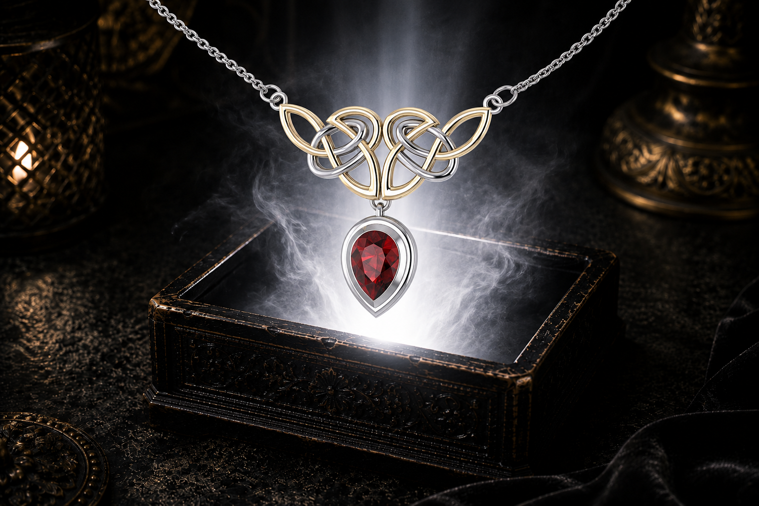Sterling silver Celtic Trinity Knot necklace with pear cut garnet gemstone and 14K gold accents resting within a mystical luxury scene above a luminous jewelry box
