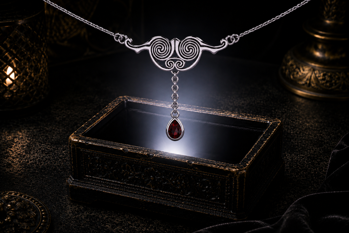 Celtic sterling silver spiral necklace with garnet teardrop gemstones displayed against a shadowed luxury backdrop