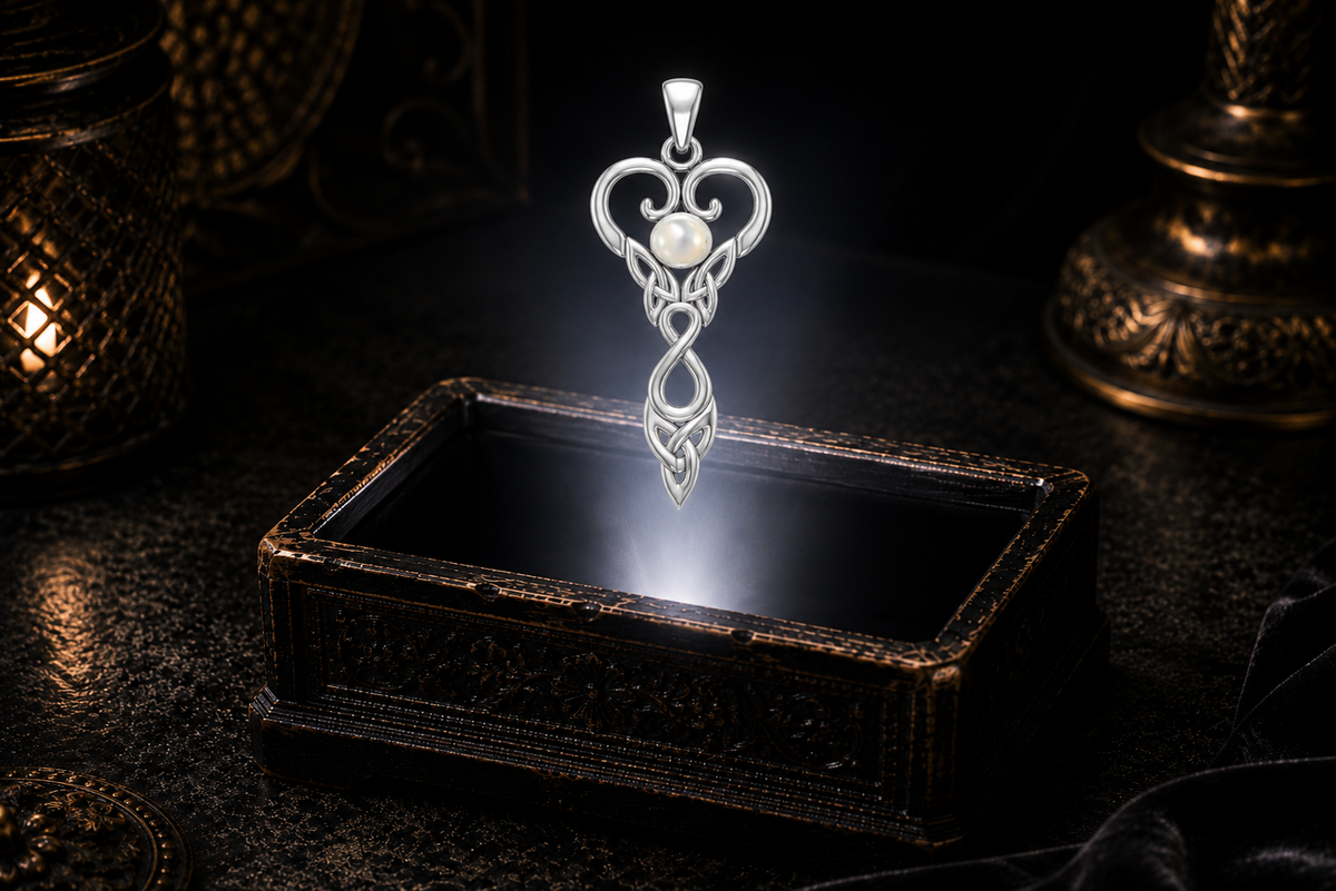 Gemini Celtic Zodiac pendant with created mother of pearl floating in a white light beam above a carved coffer