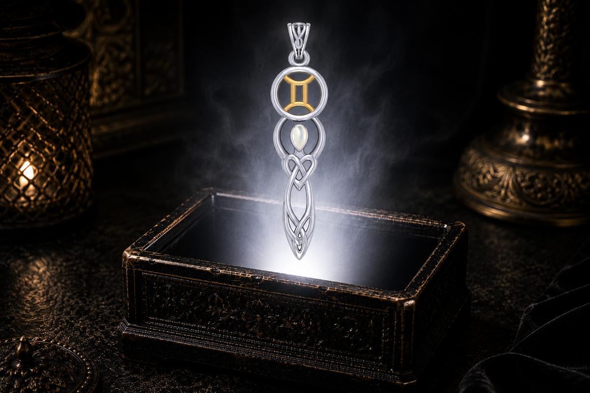 Sterling silver Gemini zodiac goddess pendant with created Mother of Pearl and gold accents floating above an ornate jewelry box illuminated by glowing light in a dark luxury setting.