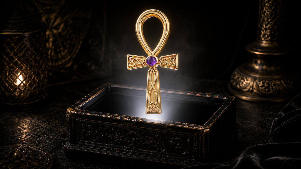 14K solid yellow gold Celtic Egyptian Fusion Ankh pendant with amethyst gemstone floating above an ornate black jewelry box illuminated by soft white light in a dark luxury setting with ancient Egyptian symbolism, Celtic knotwork, and cinematic elegance.