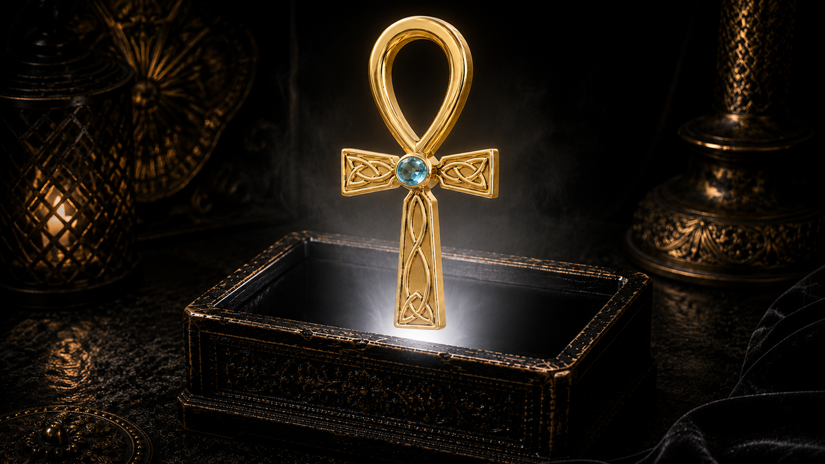 14K solid yellow gold Celtic Egyptian Fusion Ankh pendant with blue topaz gemstone floating above an ornate black jewelry box illuminated by soft white light in a dark luxury setting with ancient Egyptian symbolism, Celtic knotwork, and cinematic elegance.
