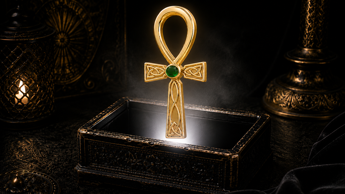 14K solid yellow gold Celtic Egyptian Fusion Ankh pendant with emerald glass gemstone floating above an ornate black jewelry box illuminated by soft white light in a dark luxury setting with ancient Egyptian symbolism, Celtic knotwork, and cinematic elegance.