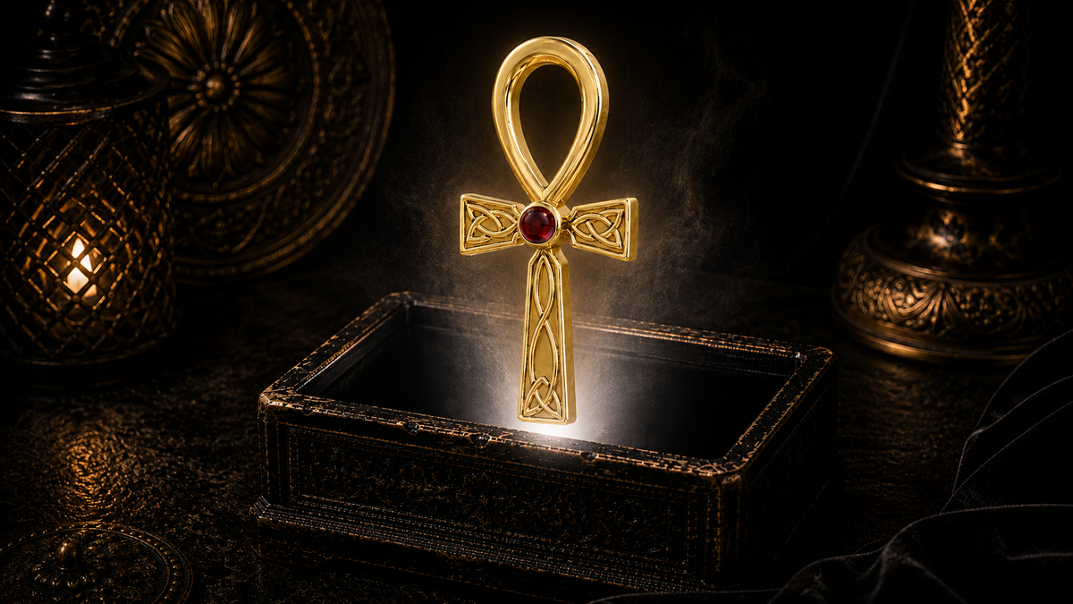 14K solid yellow gold Celtic Egyptian Fusion Ankh pendant with garnet gemstone floating above an ornate black jewelry box illuminated by soft white light in a dark luxury setting with ancient Egyptian symbolism, Celtic knotwork, and cinematic elegance.