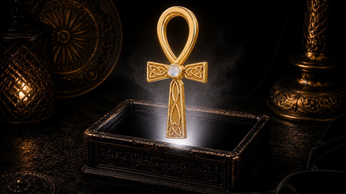 14K solid yellow gold Celtic Egyptian Fusion Ankh pendant with rainbow moonstone gemstone floating above an ornate black jewelry box illuminated by soft white light in a dark luxury setting with ancient Egyptian symbolism, Celtic knotwork, and cinematic elegance.