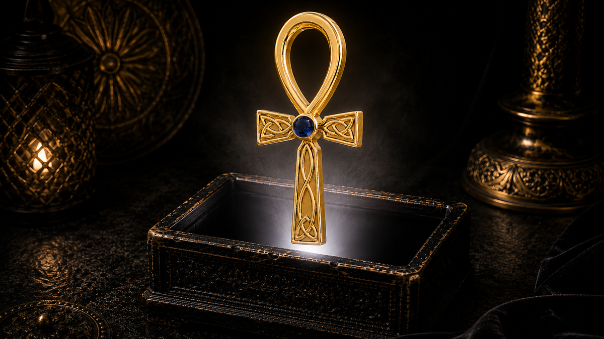 14K solid yellow gold Celtic Egyptian Fusion Ankh pendant with sapphire gemstone floating above an ornate black jewelry box illuminated by soft white light in a dark luxury setting with ancient Egyptian symbolism, Celtic knotwork, and cinematic elegance.