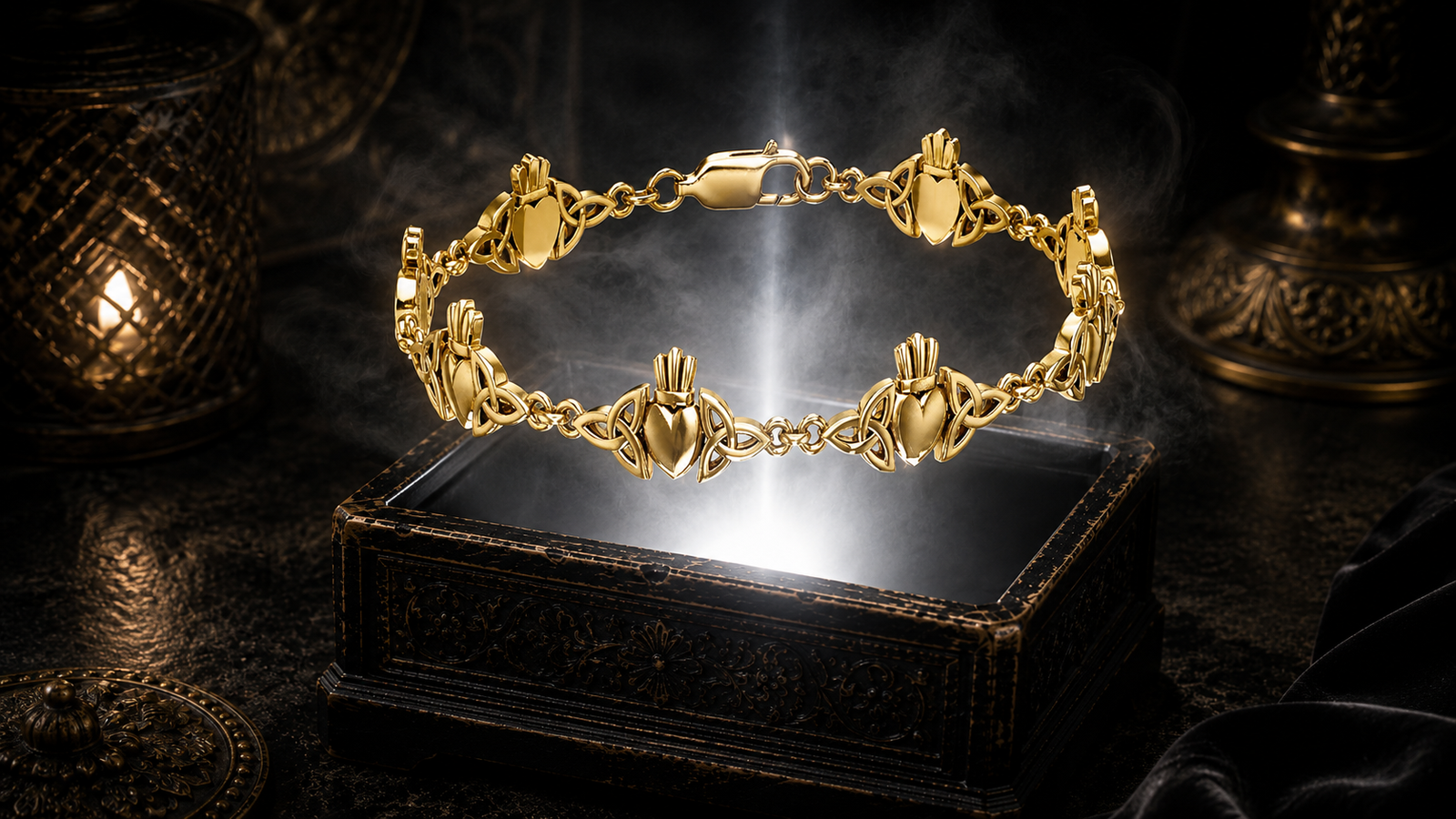 14K gold bracelet featuring Claddagh symbols and Celtic Trinity Knot links hovering above an ornate jewelry box with radiant white glow in a sophisticated shadowed environment.