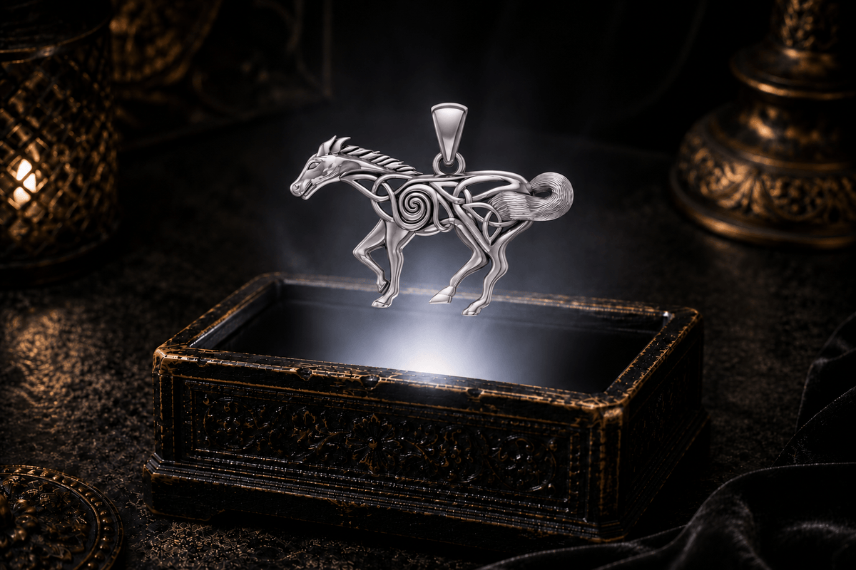14K white gold running horse pendant with Celtic filigree, openwork spiral knotwork, swept mane, raised foreleg and curling tail.