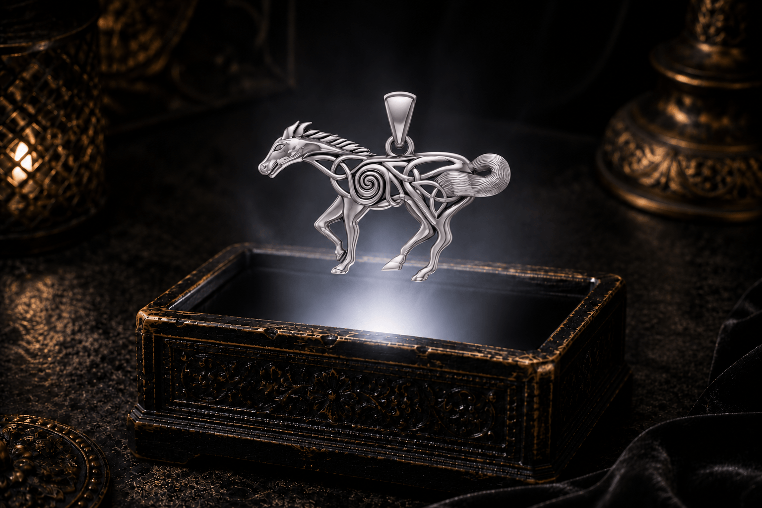 14K white gold running horse pendant with Celtic filigree, openwork spiral knotwork, swept mane, raised foreleg and curling tail.
