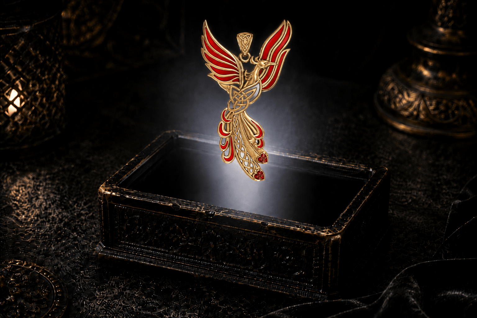 Yellow gold Celtic phoenix pendant with red enamel wings, open knotwork, and two garnet heart gemstones hovering above an ornate jewelry box