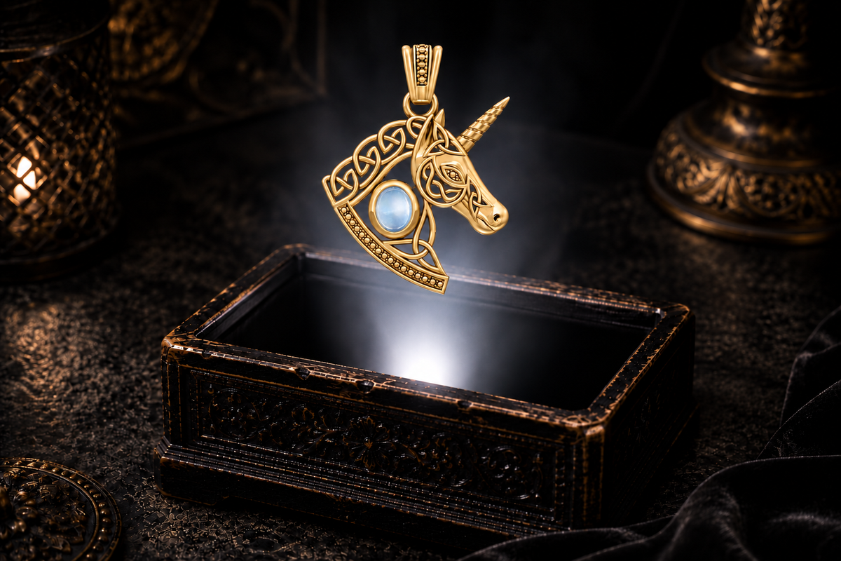 Celtic unicorn pendant in yellow gold with a pale blue topaz gemstone, spiraled horn, and interlaced mane floating above a dark jewelry box.