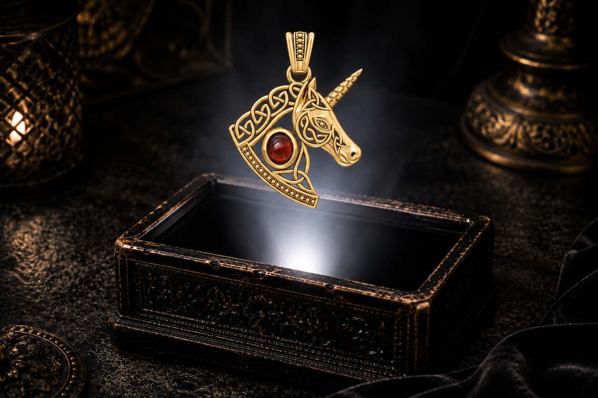 Yellow gold Celtic unicorn pendant with a deep red garnet cabochon, sculpted unicorn head, and open knotwork mane above an illuminated jewelry box.
