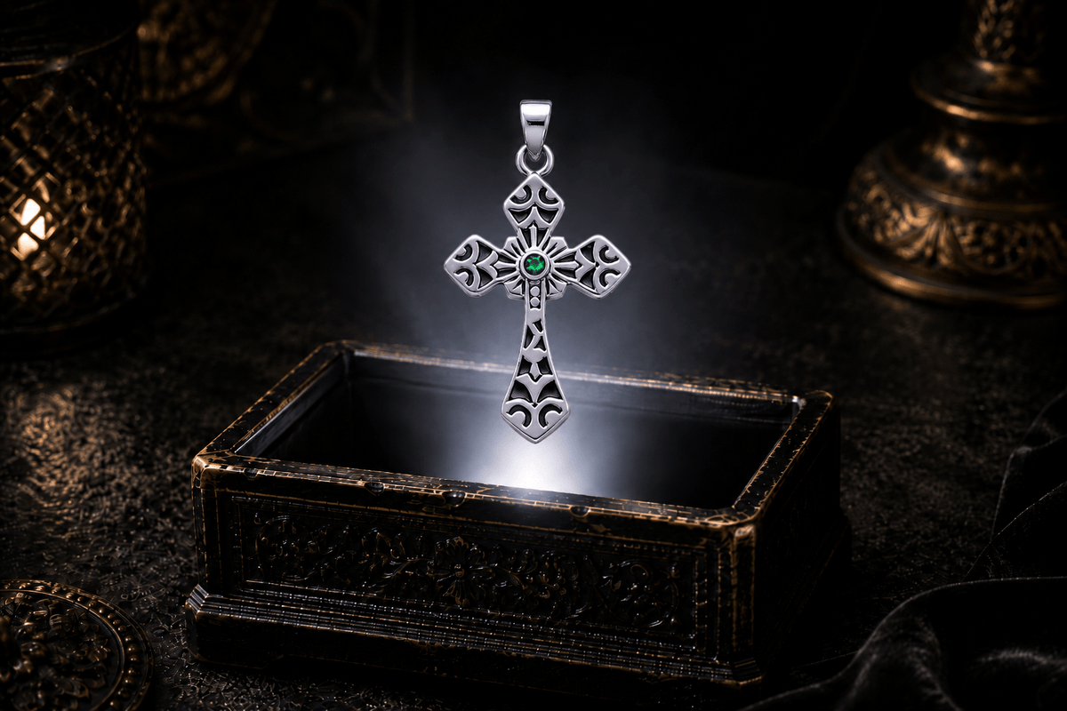 Gothic cross pendant in sterling silver with an Emerald glass gemstone suspended above a softly illuminated keepsake box