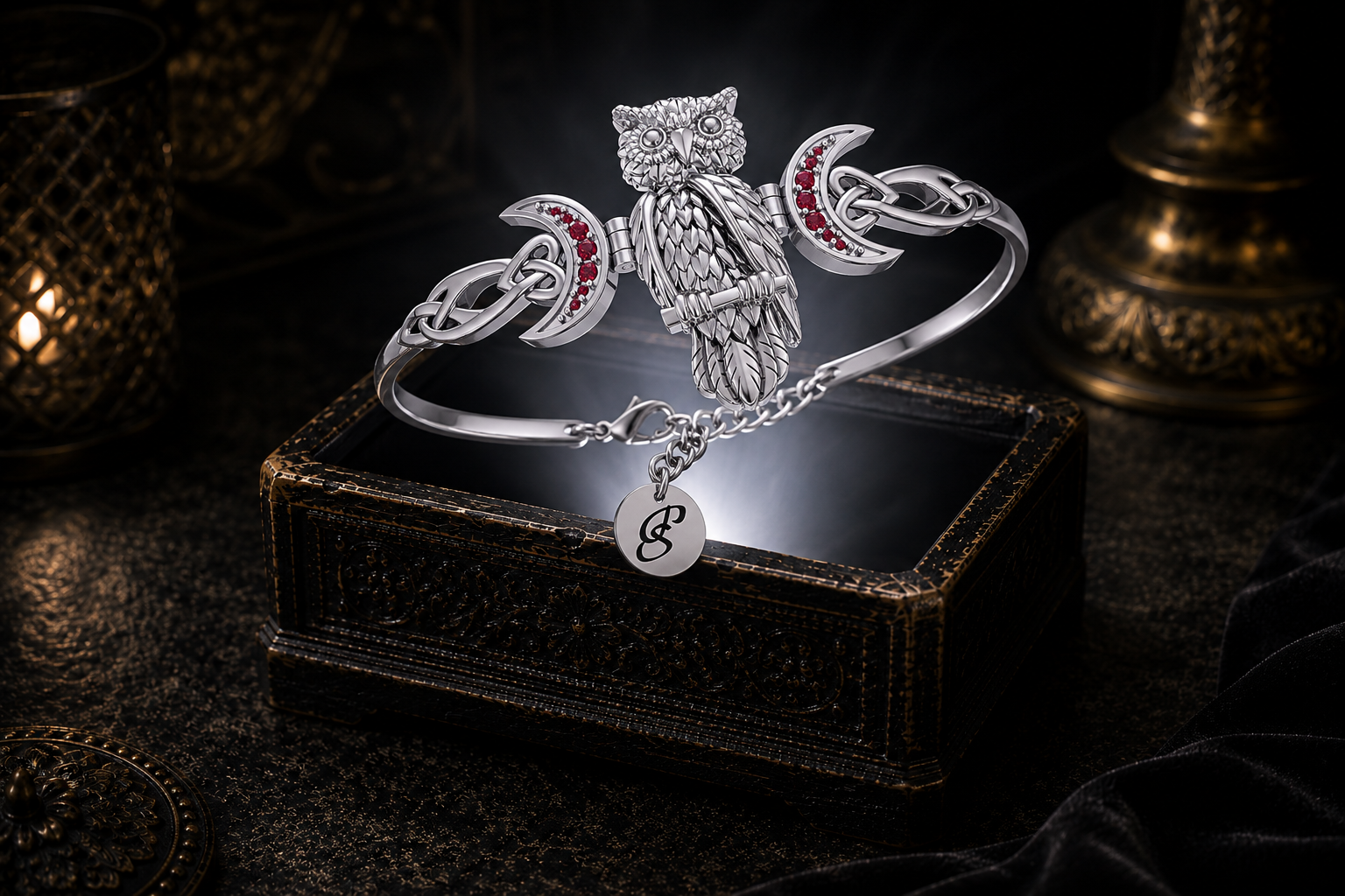 Great Horned Moonlit Owl sterling silver cuff bracelet with garnet gemstones set within crescent moons, floating above an ornate jewelry box illuminated by soft white light in a dark luxury setting with Celtic knotwork, mystical symbolism, and cinematic elegance.