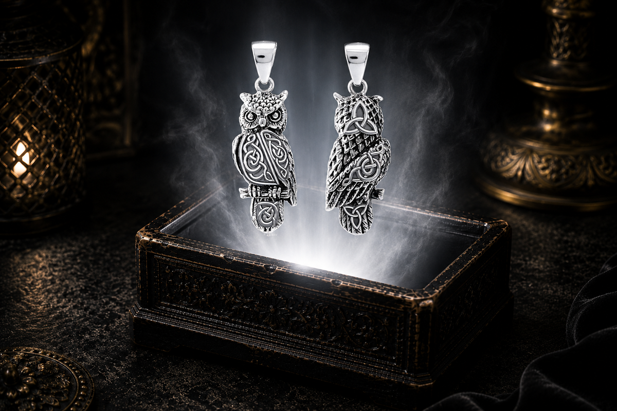 Front and back view of a Great Horned Owl sterling silver pendant with Celtic knotwork and Triquetra details floating above an ornate jewelry box illuminated by soft white light in a dark luxury Celtic-inspired setting.