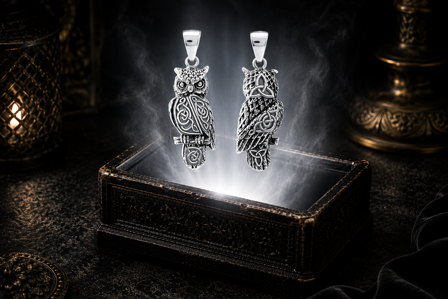Front and back view of a Great Horned Owl sterling silver pendant with Celtic knotwork and Triquetra details floating above an ornate jewelry box illuminated by soft white light in a dark luxury Celtic-inspired setting.