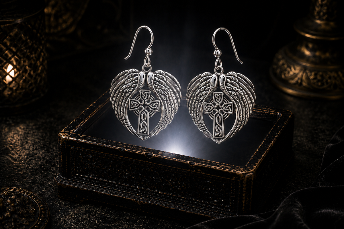 Sterling silver angel wing and Celtic Cross earrings floating above a glowing ornate jewelry box in a dark luxury setting