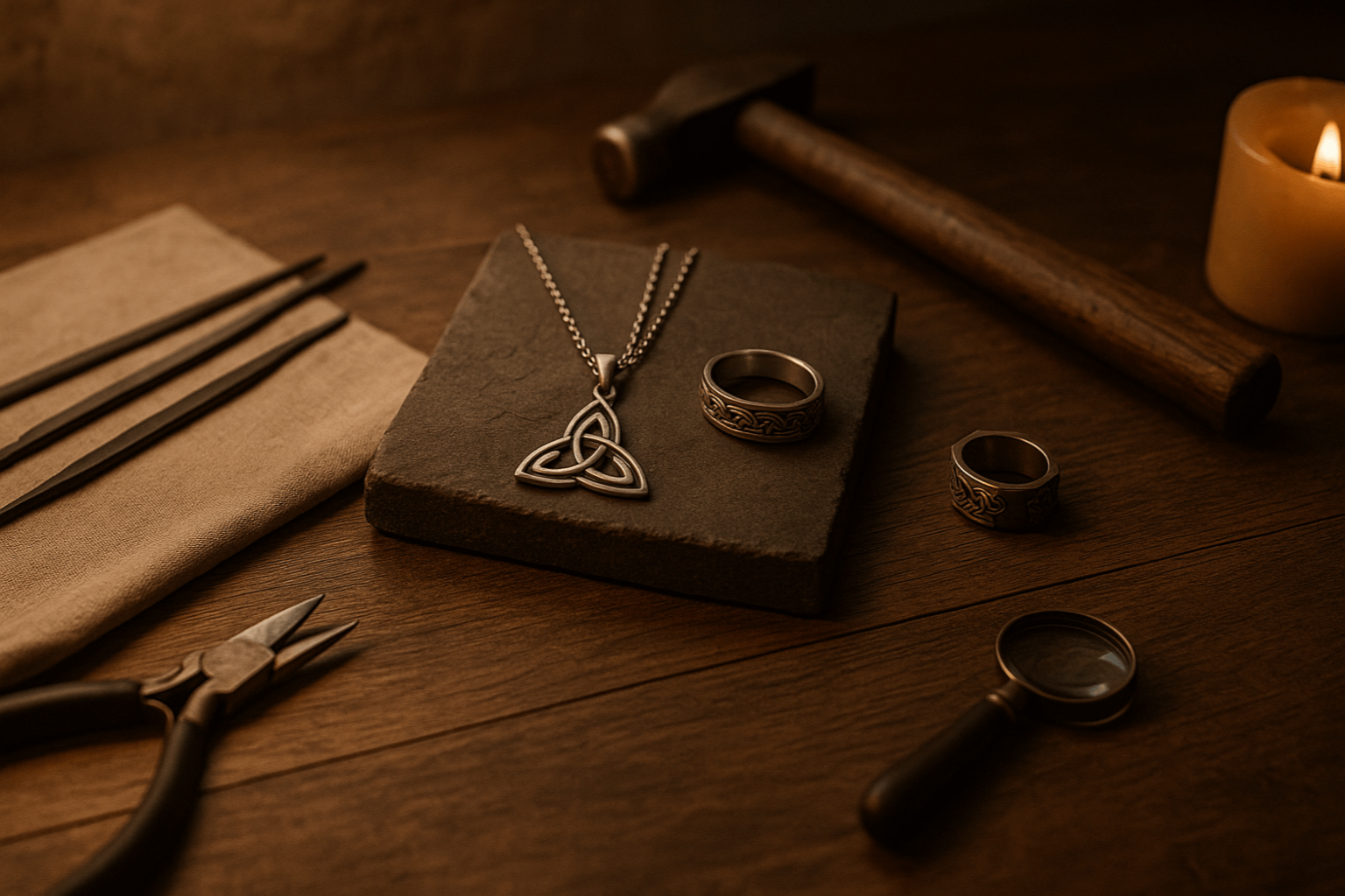 Handcrafted Celtic jewelry with trinity knot pendant and rings beside artisan tools and candlelight