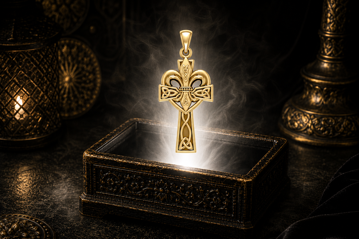 Solid 14K gold Heart Fleur-de-Lis Celtic Cross pendant floating above an ornate black jewelry box illuminated by soft white light, surrounded by gentle mist and candlelit reflections in a dark luxury Celtic setting.