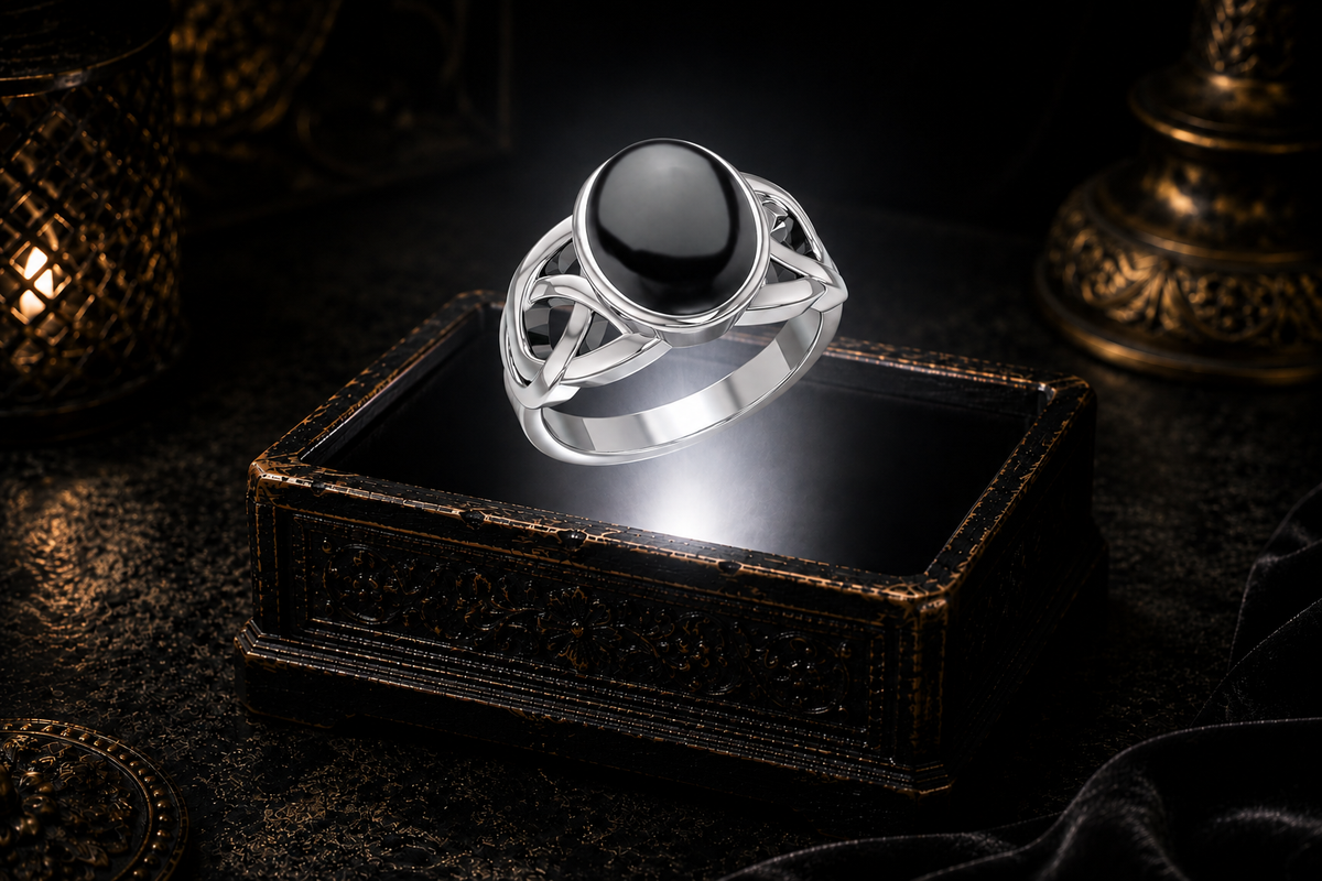 Hematite Celtic knot ring in sterling silver hovering above an antique keepsake box with warm ambient lighting