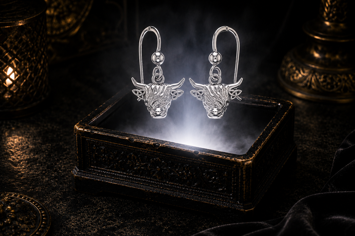 Highland cow hook earrings in Sterling Silver with Celtic Trinity Knot details suspended above an antique luxury jewelry box illuminated by a soft white beam in a cinematic dark setting.