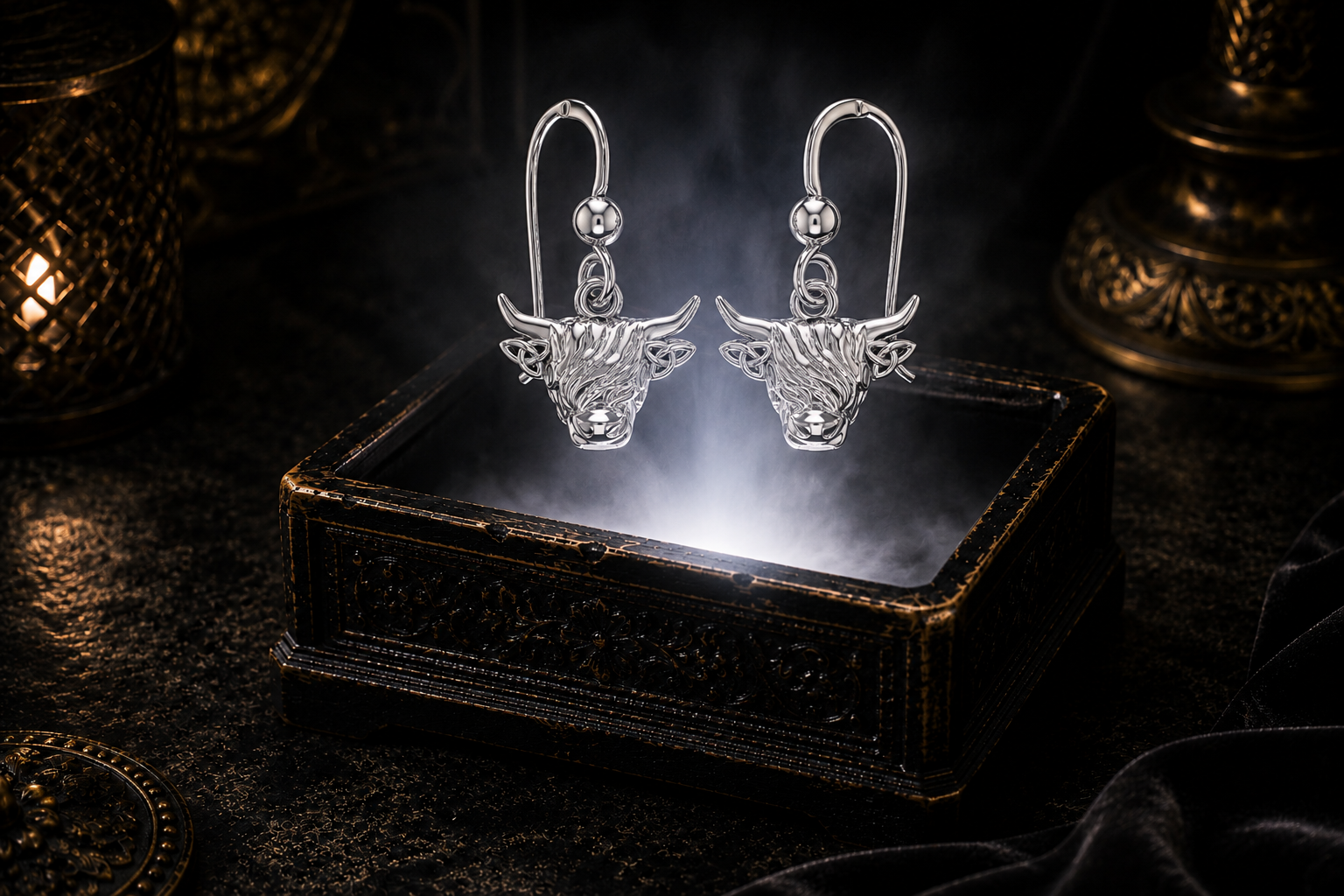 Highland cow hook earrings in Sterling Silver with Celtic Trinity Knot details suspended above an antique luxury jewelry box illuminated by a soft white beam in a cinematic dark setting.