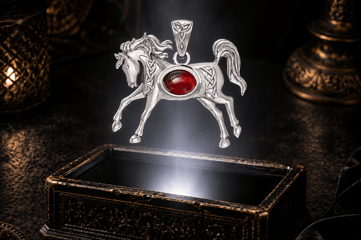 Running horse pendant in white gold with a deep red garnet center, Celtic interlace and flowing tail above an ornate jewelry box.
