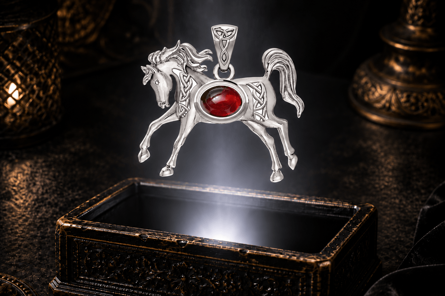 Running horse pendant in white gold with a deep red garnet center, Celtic interlace and flowing tail above an ornate jewelry box.