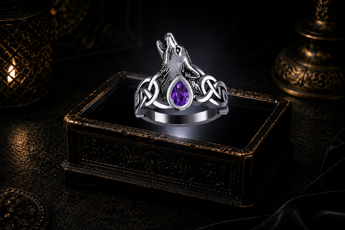 Howling sterling silver Celtic wolf ring with amethyst gemstone floating above a glowing antique jewelry box in a cinematic luxury setting