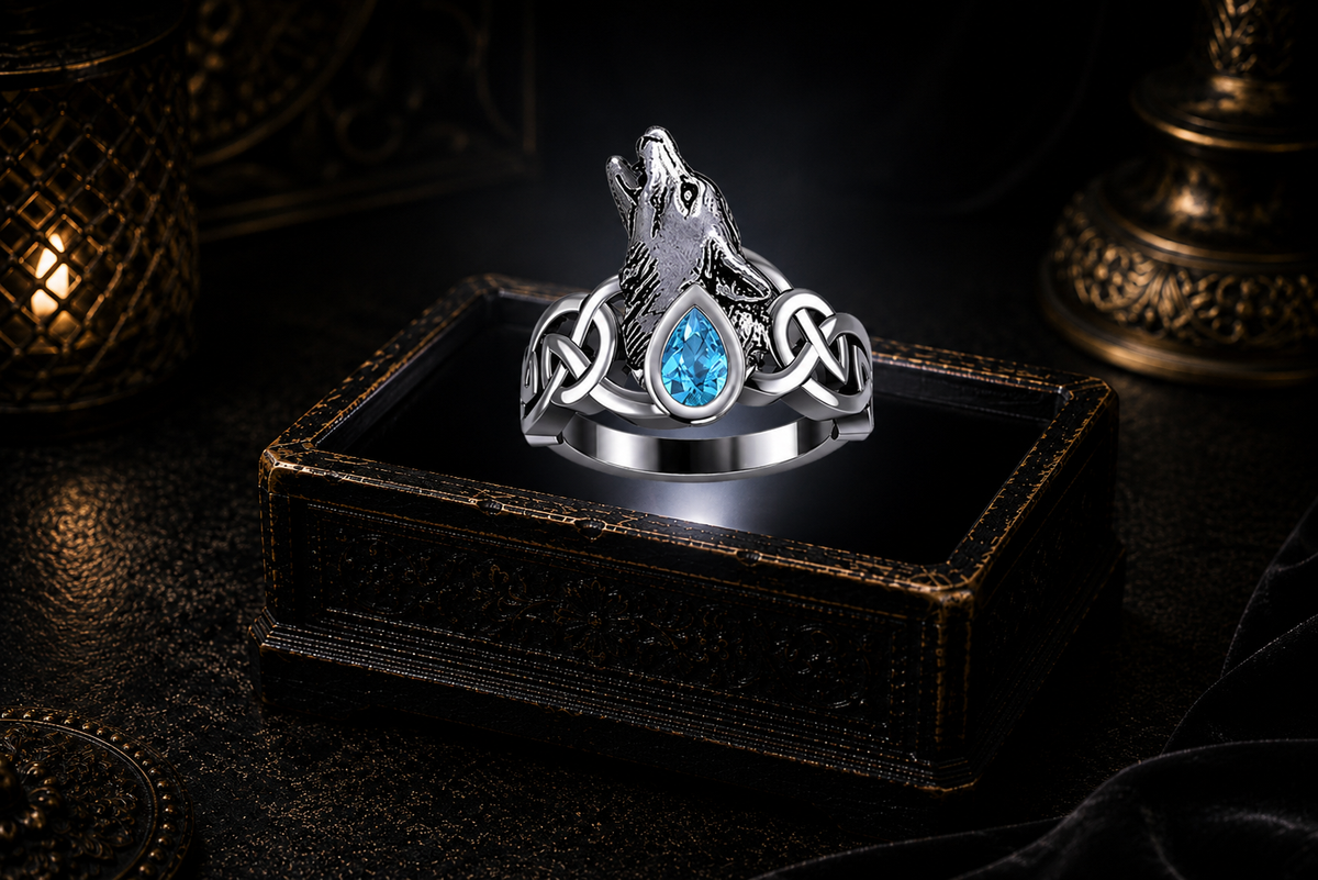 Howling sterling silver Celtic wolf ring with blue topaz gemstone illuminated above an antique jewelry box with cinematic lighting