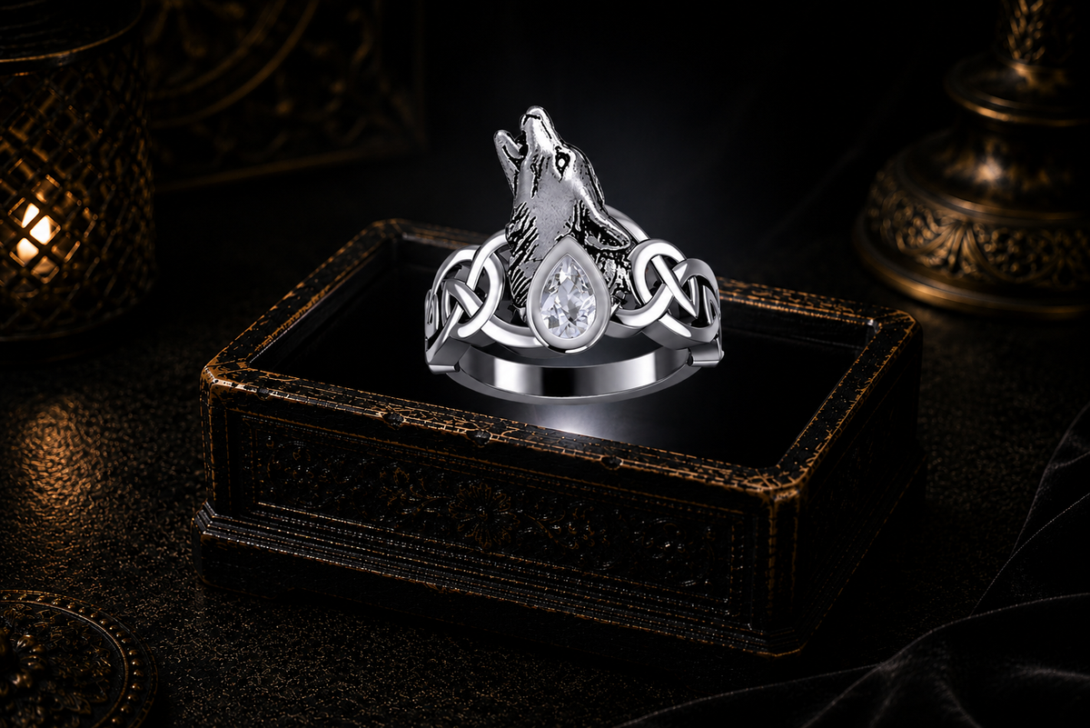 Howling sterling silver Celtic wolf ring with cubic zirconia gemstone hovering above a radiant antique jewelry box in a dark luxury setting