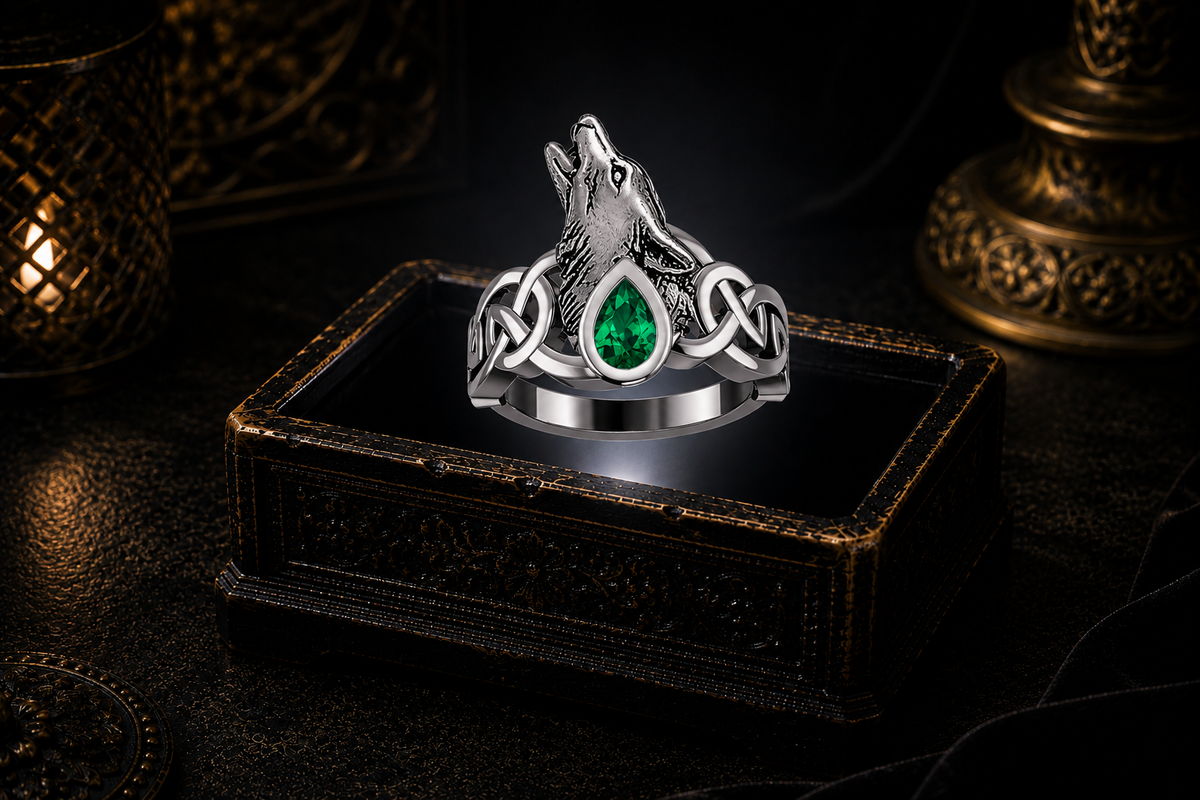 Howling sterling silver Celtic wolf ring with emerald green gemstone showcased above a glowing antique jewelry box in a luxurious cinematic atmosphere