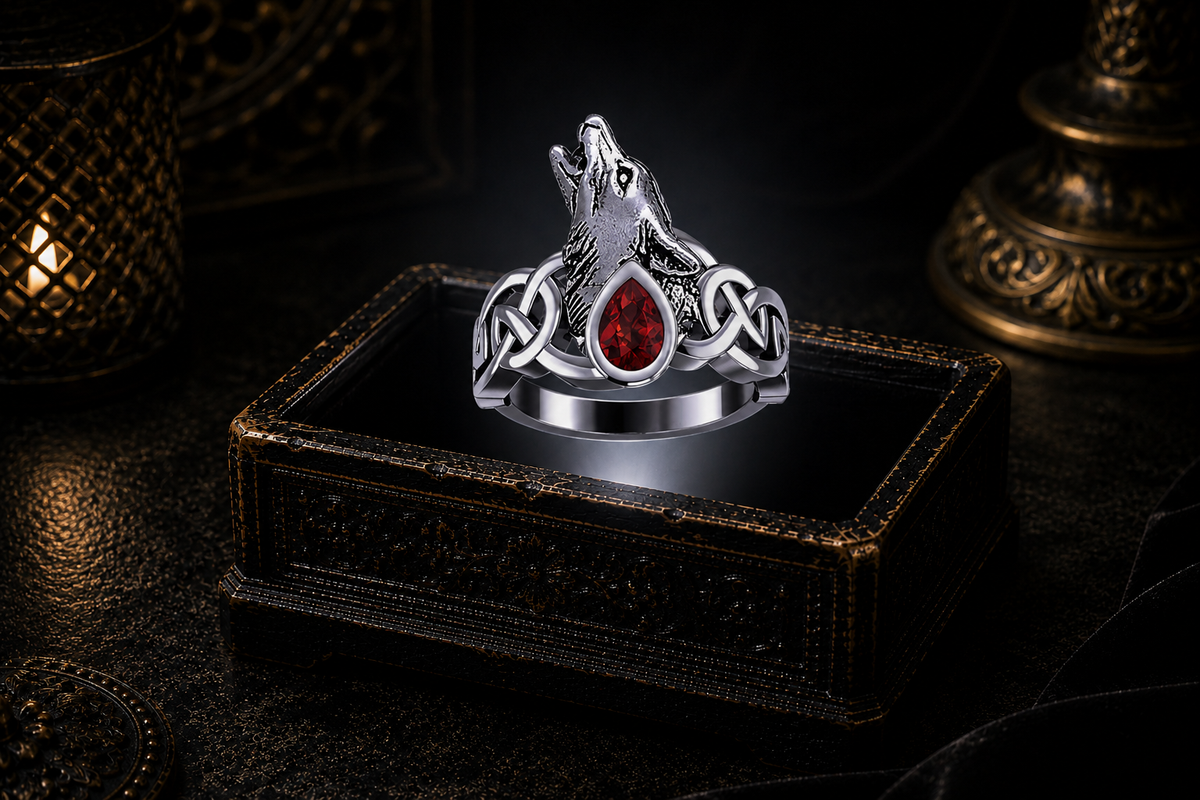 Howling sterling silver Celtic wolf ring with garnet gemstone displayed above a glowing antique jewelry box in a dramatic cinematic scene