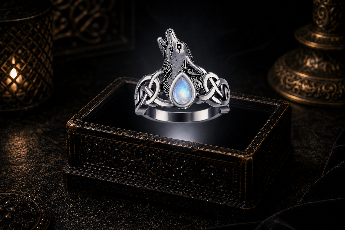 Howling sterling silver Celtic wolf ring with rainbow moonstone gemstone floating above an illuminated antique jewelry box with mystical cinematic styling