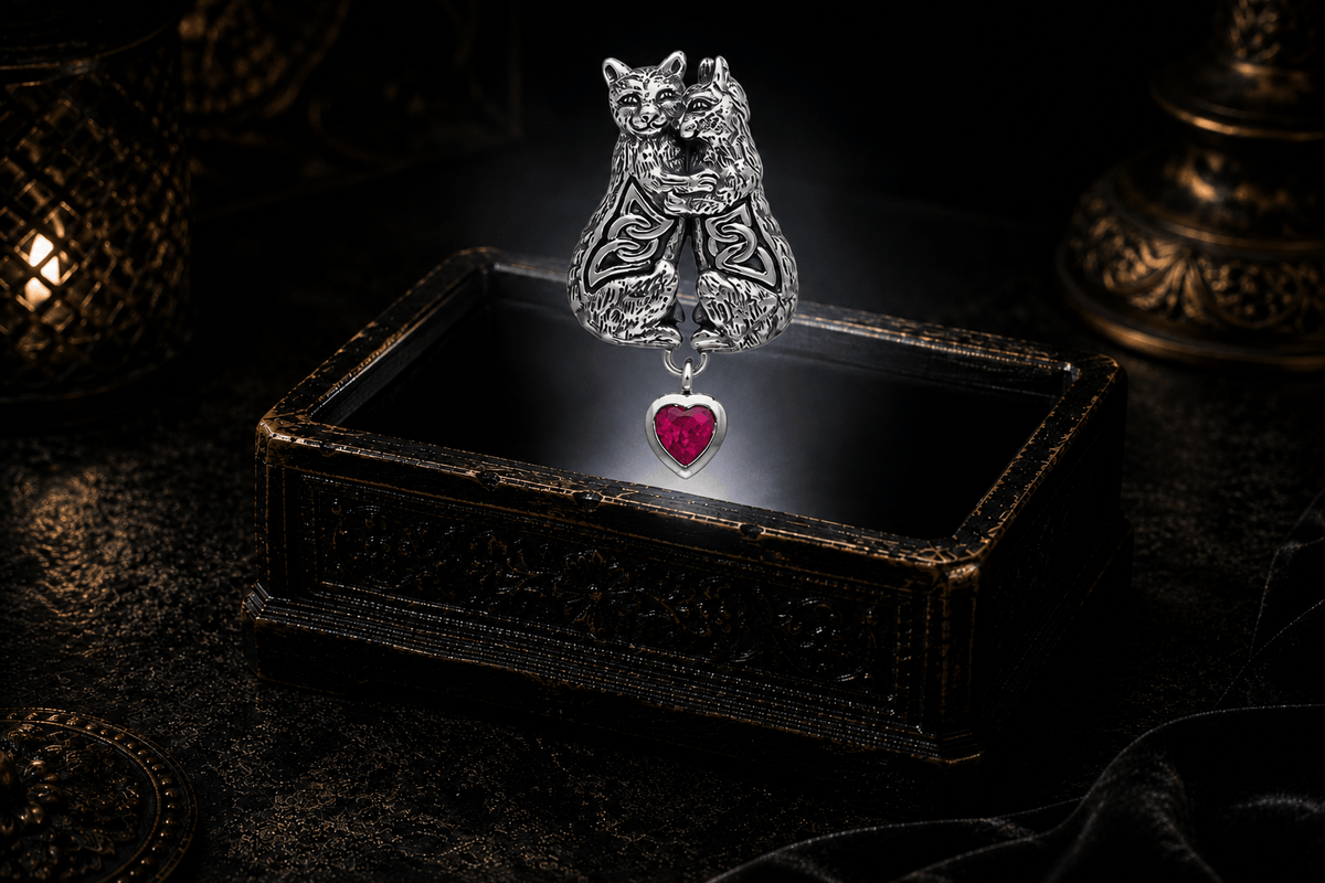 Two hugging cats with Celtic-inspired openwork and a dangling heart-shaped created ruby Sterling silver pendant above an ornate jewelry box