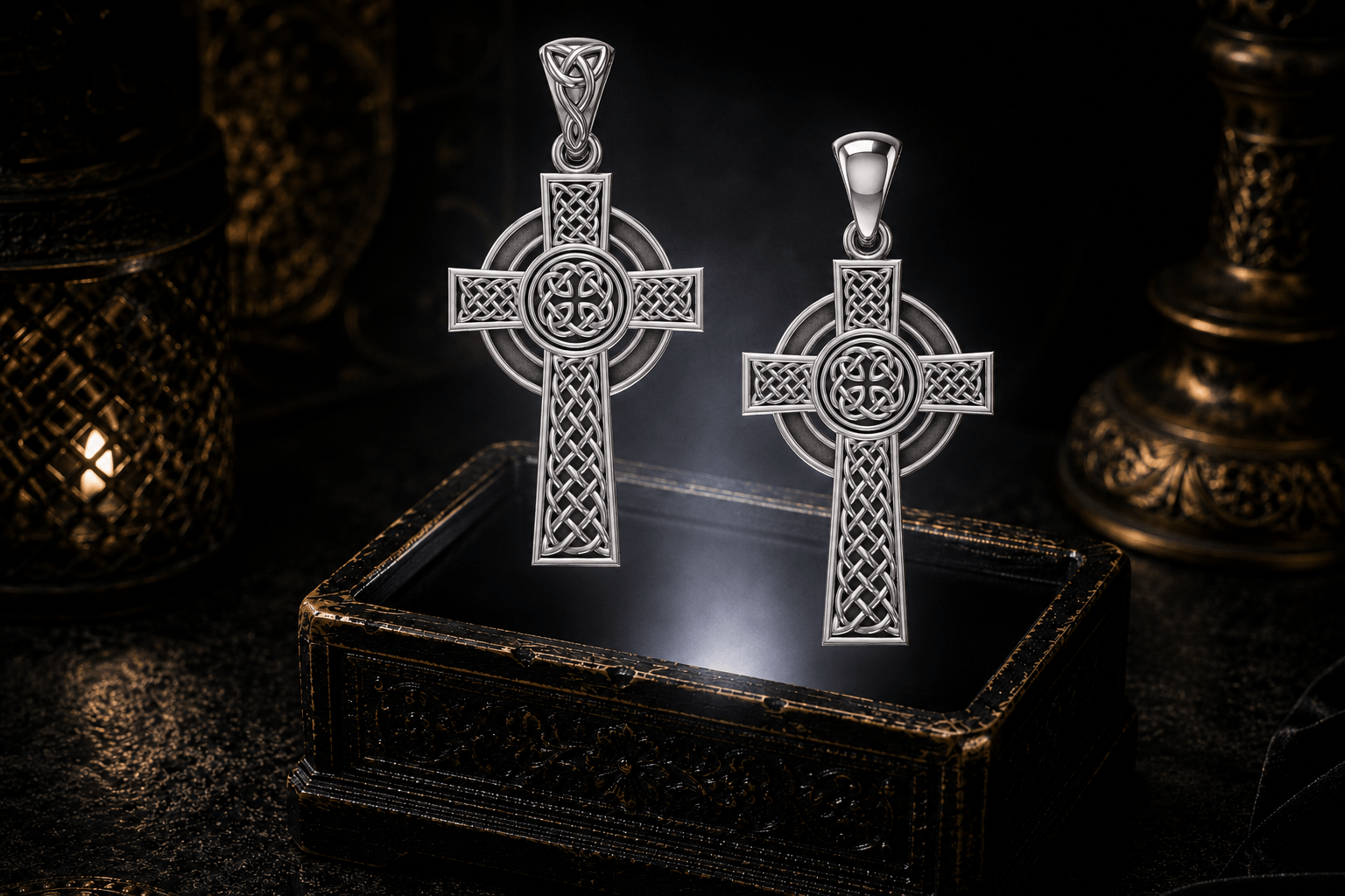 Sterling silver Irish Celtic Cross pendant with ringed halo, detailed Celtic knotwork, circular center, and triquetra-decorated bail.