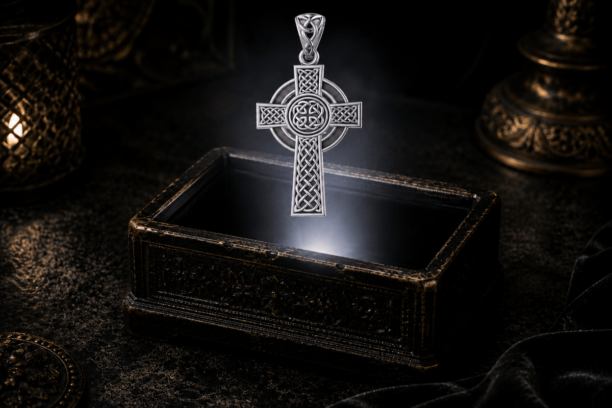 Sterling silver Irish Celtic Cross pendant with ringed halo, detailed Celtic knotwork, circular center, and triquetra-decorated bail.