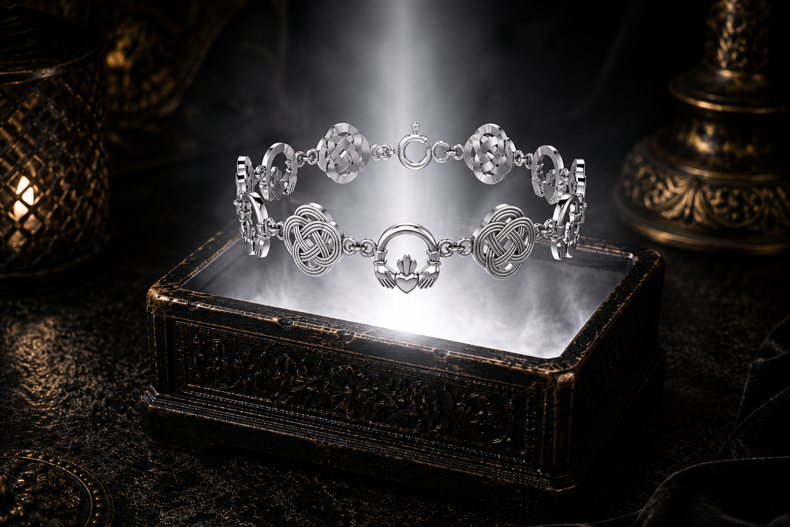 Sterling silver Irish Claddagh bracelet suspended above a carved jewelry chest with radiant white glow surrounded by a cinematic luxury atmosphere.