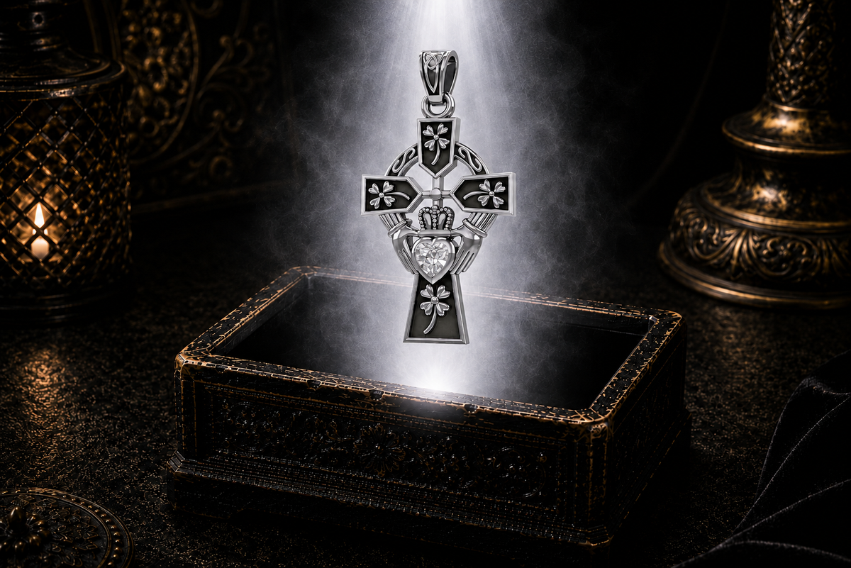 Sterling silver Irish Claddagh Cross pendant with Four Leaf heart design and cubic zirconia heart gemstone floating above a luminous jewelry chest against a dark luxury backdrop with soft glowing light.