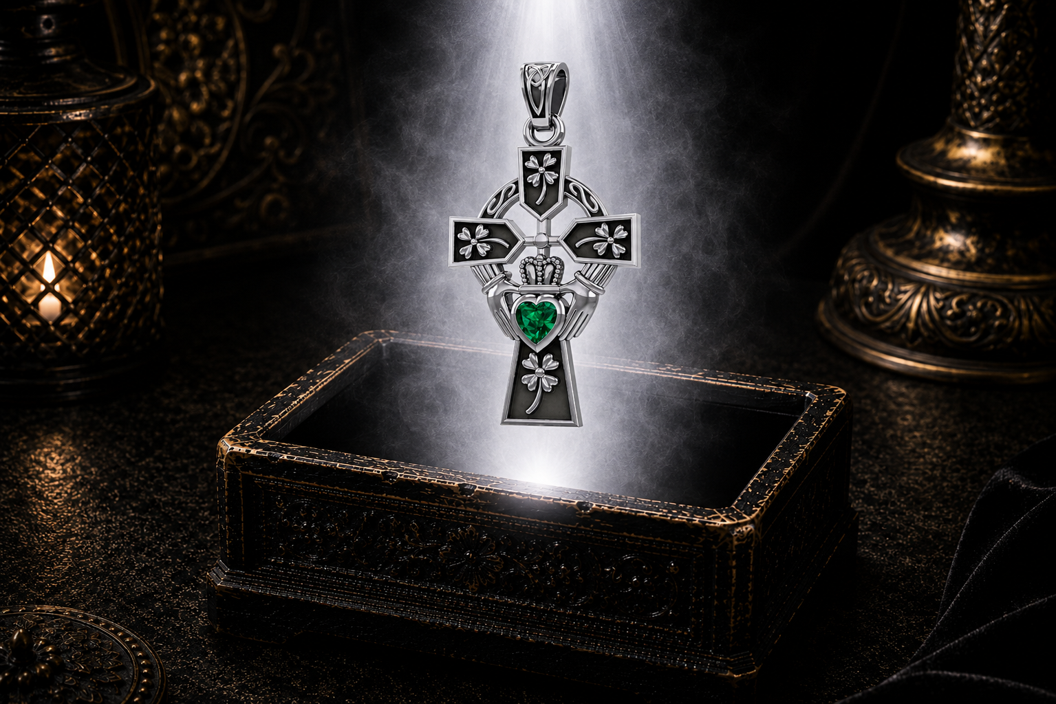 Sterling silver Irish Claddagh Cross pendant with Four Leaf heart design and emerald glass heart gemstone floating above an ornate dark jewelry box illuminated by mystical light in a luxury environment.