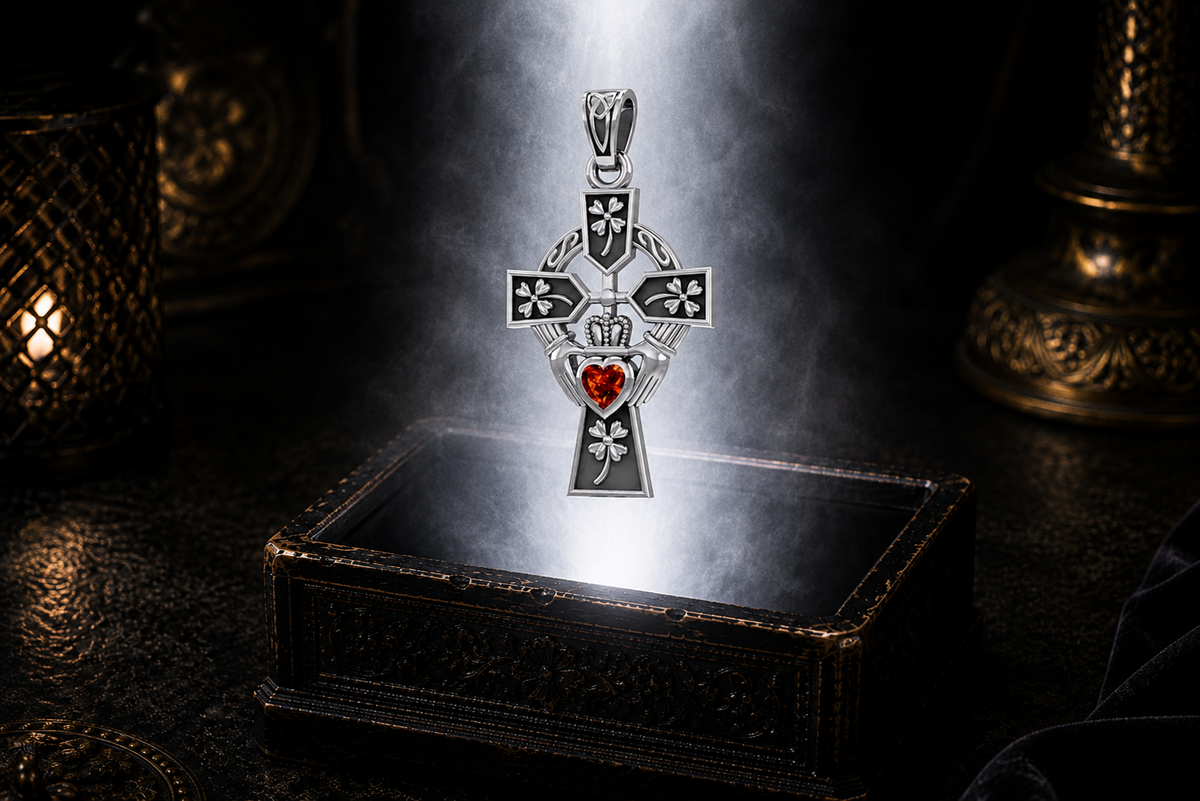 Sterling silver Irish Claddagh Cross pendant with Four Leaf heart design and garnet heart gemstone suspended above an ornate jewelry box surrounded by radiant light in a dark luxury setting.