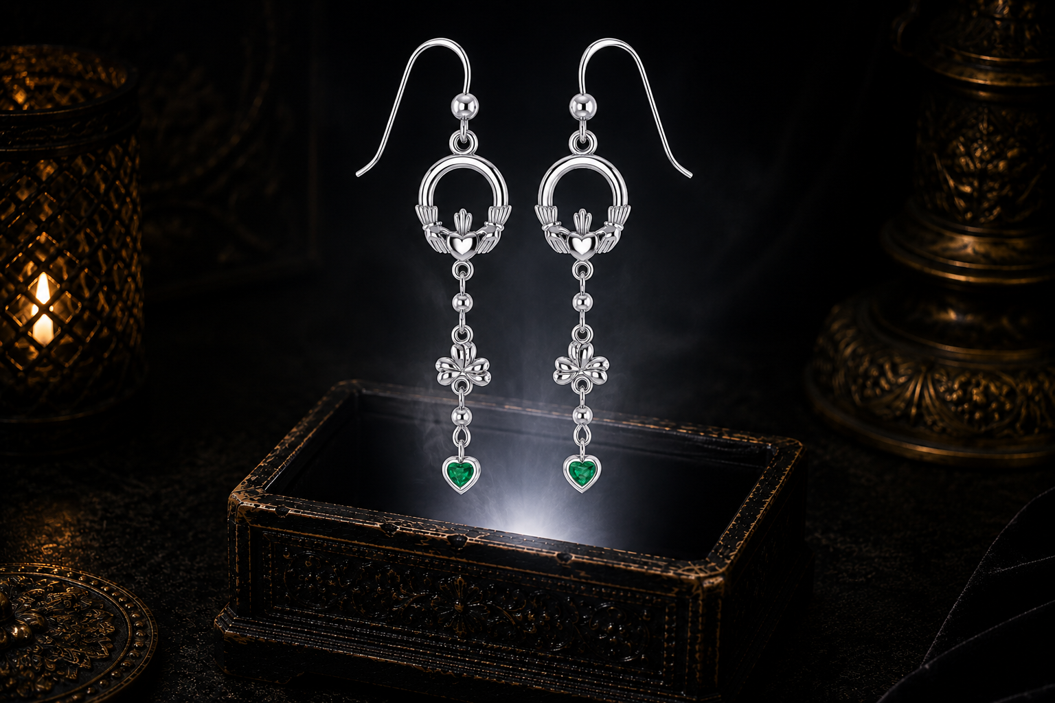 Sterling silver Irish Claddagh drop earrings with emerald heart accents floating above a glowing ornate jewelry box in a dark luxury setting