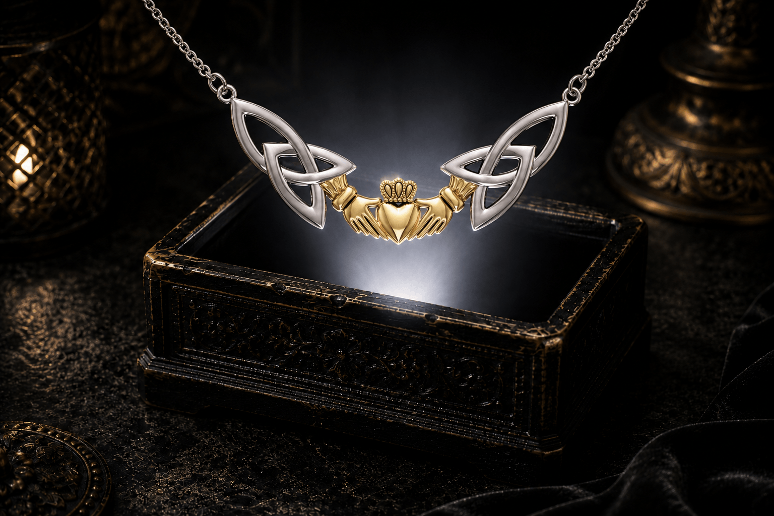 Sterling silver Irish Claddagh necklace with a 14K gold vermeil heart and Celtic Trinity Knots floating above an antique jewelry box in a cinematic luxury setting.