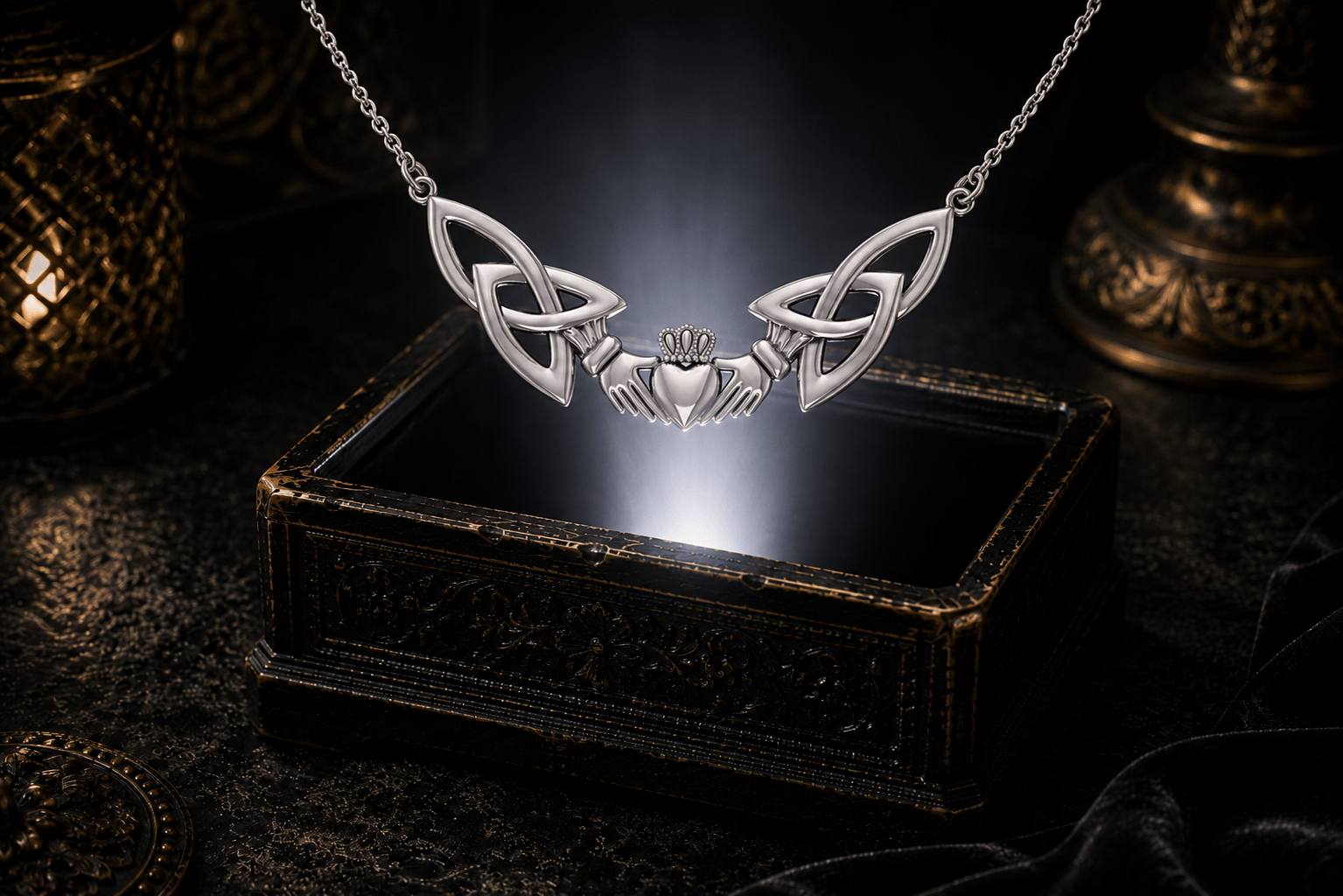 Sterling silver Irish Claddagh necklace with Celtic Trinity Knots floating above an antique jewelry box in a cinematic luxury setting.