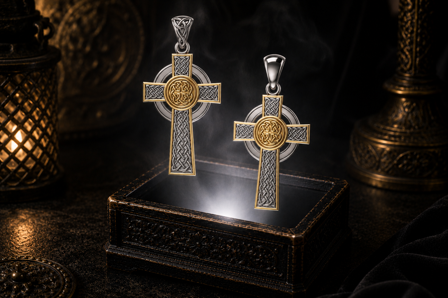 Front view of an Irish Halo Celtic Cross pendant in sterling silver with 14K gold accents floating above an ornate black jewelry box illuminated by soft white light in a dark luxurious Celtic-inspired setting with candlelit ambiance.