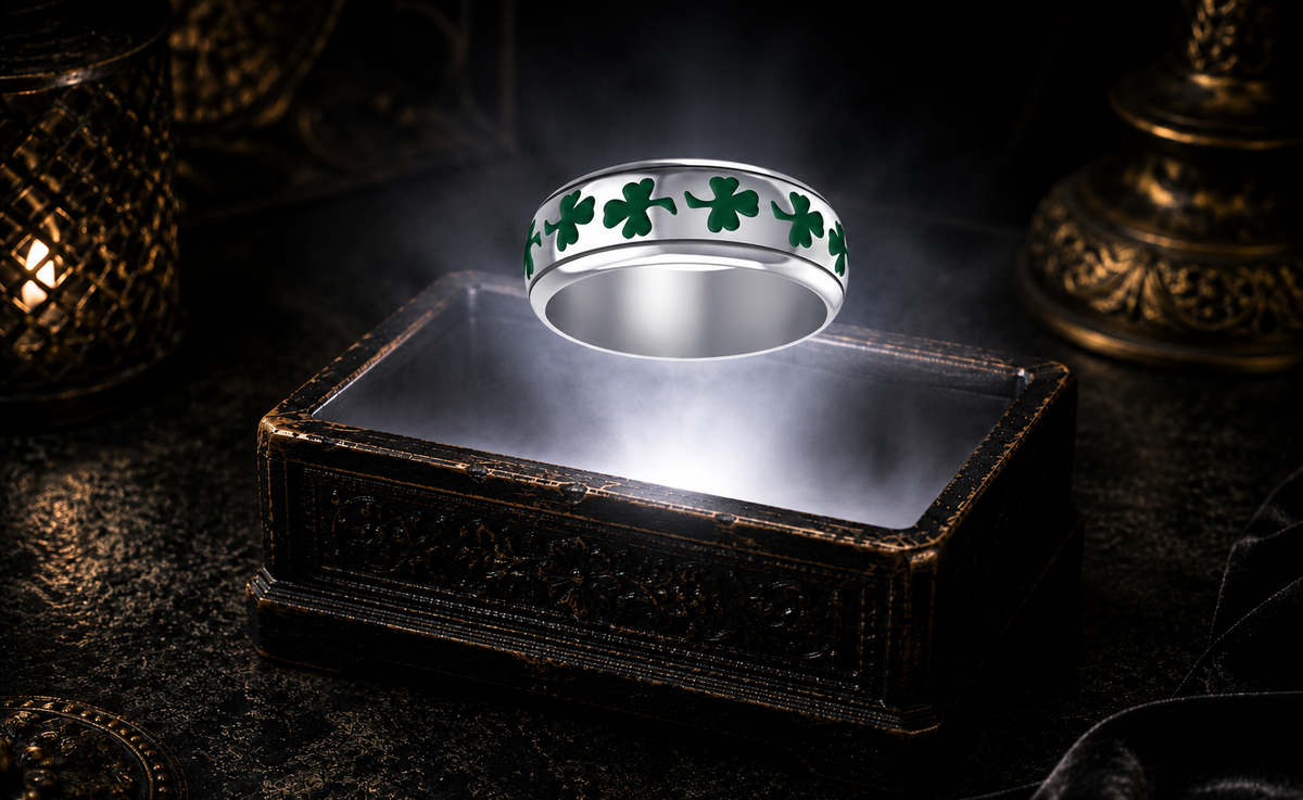 Sterling silver eternity band ring featuring vibrant green shamrocks encircling the entire band, floating above an ornate jewelry box illuminated by soft white light in a dark luxury setting.